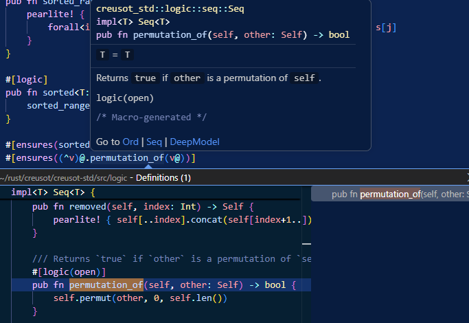Screenshot of go-to-definition working in the middle of a Creusot specification